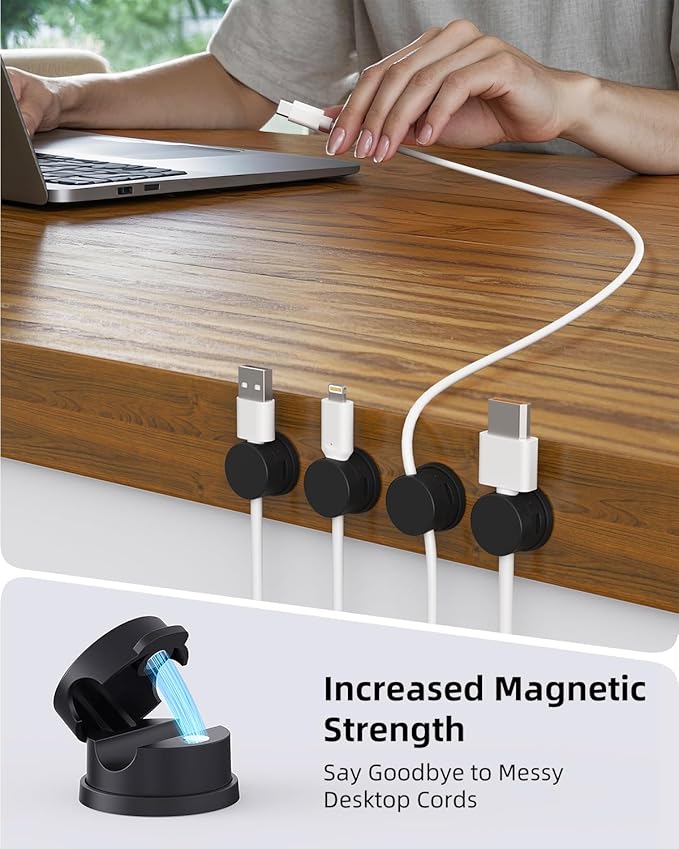 Cord Holder, Swiveling Cord Organizer, Magnetic Cable Clips for Desk, 6 Pack Cable Organizer for Nightstand, Adhesive Cable Holder Cable Management Clips for Car Home Office (Black)