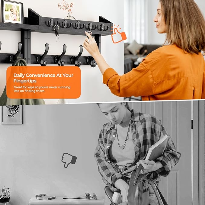 Evermagin 35" Coat Rack Wall Mount with Shelf, 4 in 1 Coat and Key Hanger with 13 Metal Hooks, Entryway Wall Mounted Shelf with Mail Holder for Living Room, Bedroom, Black