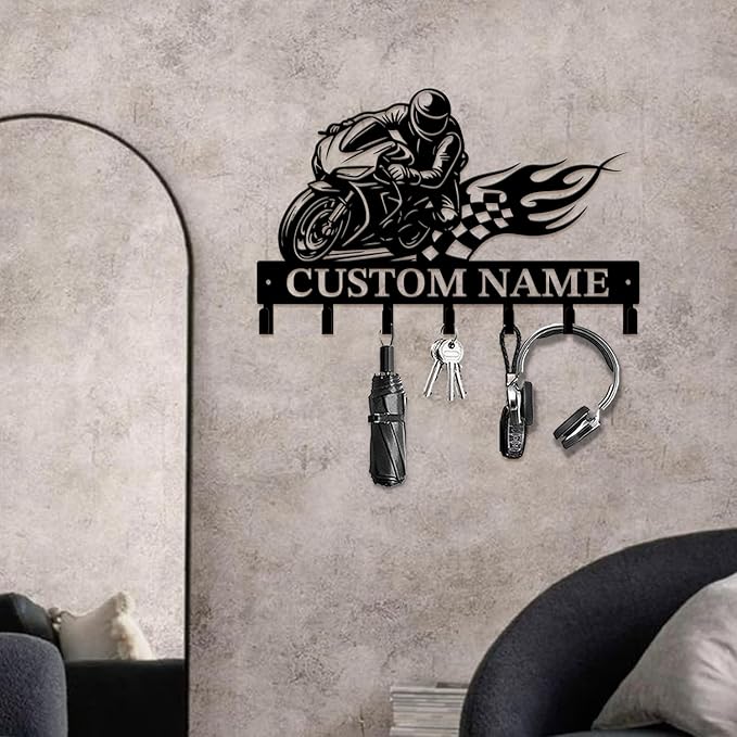 Custom Motorcycle Garage Metal Wall Hooks,Key Holder-Personalized Iron Wall Decor for Keys, Coats & Home(Black, Handmade,Decorative,Entryway, Bedroom,Man Cave) (Style E)