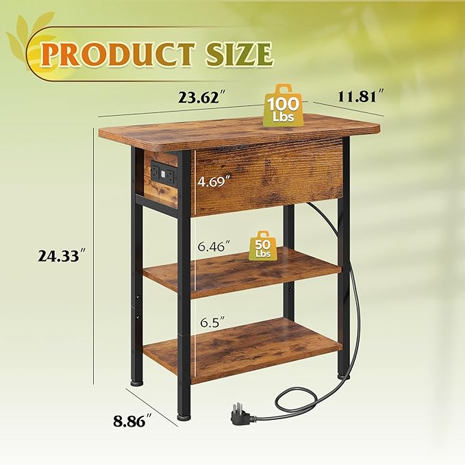 WLIVE End Table with Charging Station, Flip Top Narrow Side Table with Storage Shelf, Small Nightstand with USB Ports and Outlets,Bedside Table for Living Room, Bedroom,11.81" D x 23.62" W x 24.33" H