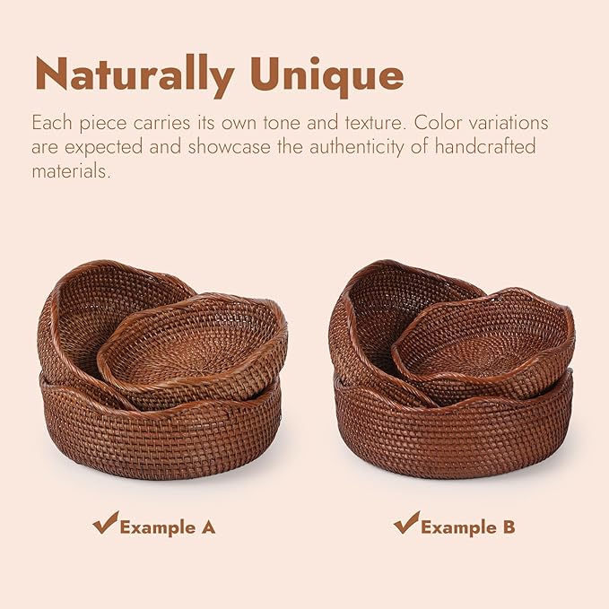 YANGQIHOME Rattan Round Fruit Baskets, Wicker Storage Bowls, Natural Woven Serving Basket Bowls, Decorative Baskets for Kitchen Counter Organizing, Brown, Set of 3