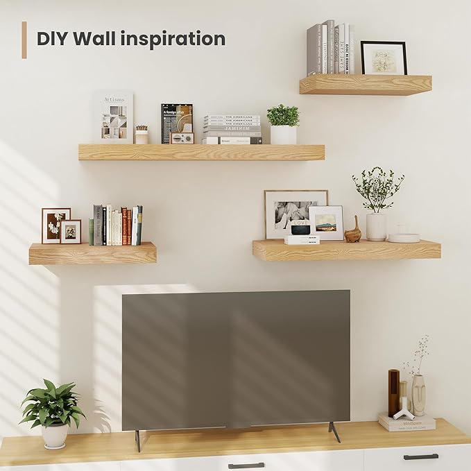 Heimlove 24 x 12 Inch Deep Floating Shelves Wall Mounted with Invisible Brackets,Storage Hanging Shelf for Wall Decor in Bathroom, Bedroom, Toilet, Kitchen, Living Room, Office Set of 2 (Oak)