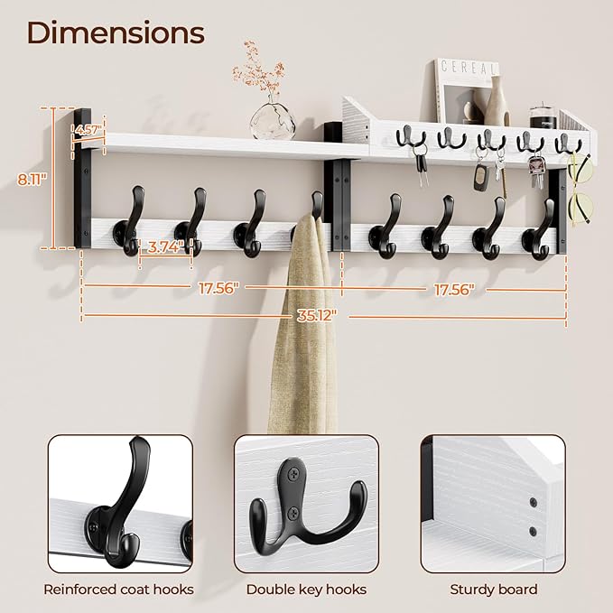 Evermagin 35" Coat Rack Wall Mount with Shelf, 4 in 1 Coat and Key Hanger with 13 Metal Hooks, Entryway Wall Mounted Shelf with Mail Holder for Living Room, Bedroom, White