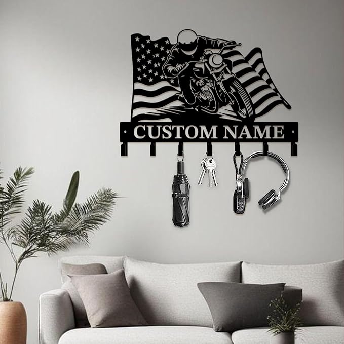 Custom Motorcycle Garage Metal Wall Hooks,Key Holder-Personalized Iron Wall Decor for Keys, Coats & Home (Black, Handmade,Decorative,Entryway, Bedroom,Man Cave) (Style F)