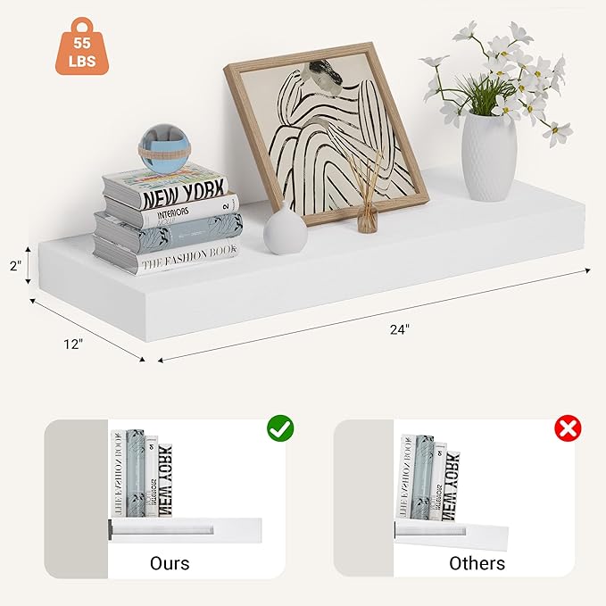 Heimlove 24 x 12 Inch Deep Floating Shelves Wall Mounted with Invisible Brackets,Storage Hanging Shelf for Wall Decor in Bathroom, Bedroom, Toilet, Kitchen, Living Room, Office Set of 1 (White)