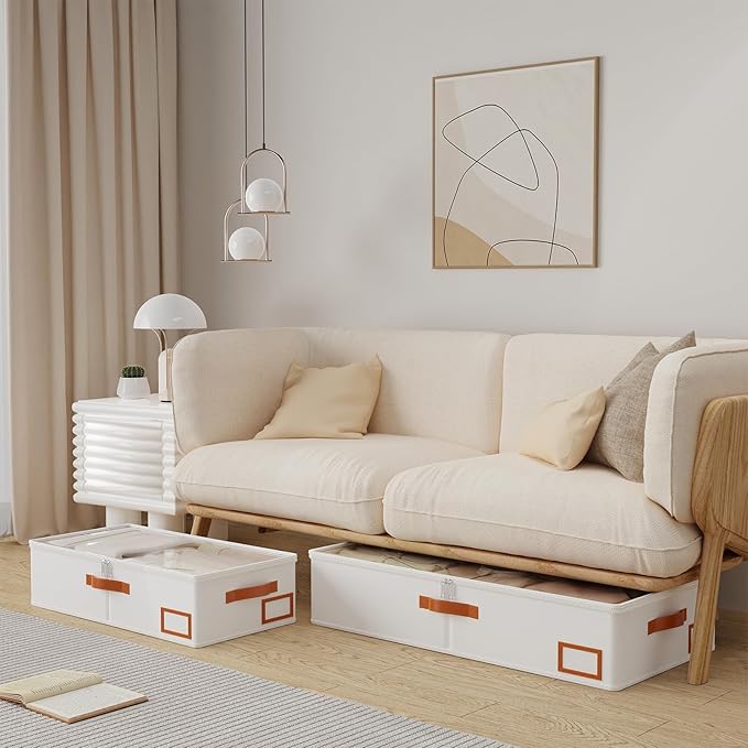 Yawinhe Under Bed Storage Containers, 2 Pack, Bin with Lids, Collapsible Closet Organizers, with Sorting Card Slot and 4 Leather Handles, for Blanket, Bedding, 31.5''Lx15.7''Wx6''H, Beige