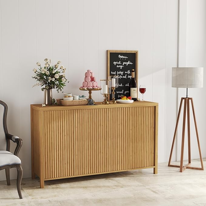 YOUDENOVA Fluted Buffet Cabinet with Storage Set of 2, Modern Sideboard Cabinets with 4 Doors & Adjustable Shelves, Accent Credenza Storage Cabinet, Wood Entryway Cabinet for Living Room, Natural