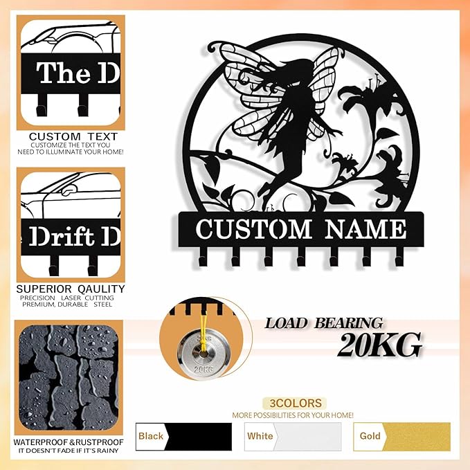 Personalized Fairy Key Holder Wall Mount, Custom Metal Key Rack Key Holder with Name, Deer Cabin Wall Keys Hanger with Hooks for Entryway, Front Door, Hallway, Kitchen, Living Room