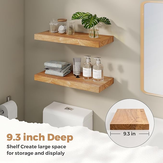 RICHFOCUS Elm Floating Shelves for Wall - 24" W x 9.3" D Rustic Solid Wood Shelves with Invisible Bracket, Wall-Mounted for Living Room, Bedroom, Kitchen Storage & Display, Set of 2, Natural