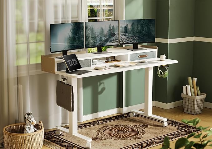 YDN Electric Standing Desk with Drawers, Adjustable Height Stand Up Desk, 59 inch Electric Sit Stand Computer Desk for Home Office, White