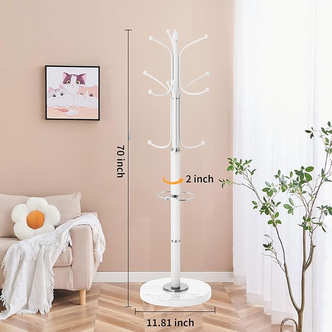 ZOZOE Metal Coat Rack Stand, Modern Coat Rack Freestanding with Natural Marble Base, Sturdy Coat Racks with 12 Hooks & Umbrella Holder,White Coat Tree Hanger Stand for Bags,Hats,Entryway,Office