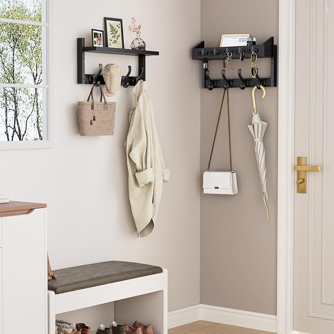 Evermagin 35" Coat Rack Wall Mount with Shelf, 4 in 1 Coat and Key Hanger with 13 Metal Hooks, Entryway Wall Mounted Shelf with Mail Holder for Living Room, Bedroom, Black