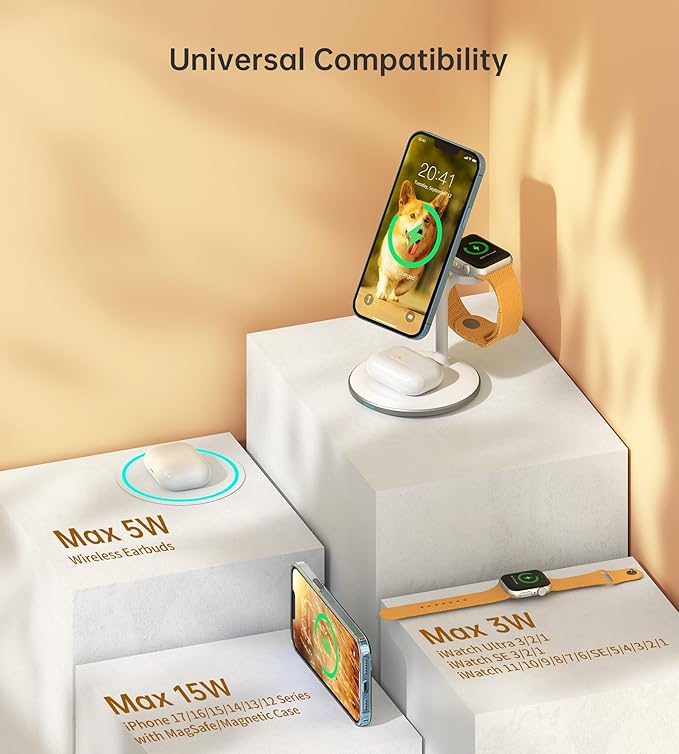 XooFly 3 in 1 Wireless Charging Station for Apple Devices, 15W Fast Wireless Mag-Safe Charger Stand with 20W Adapter for iPhone 17 16 15 14 13 12 Pro Max/Air/Plus/Pro/Mini,iWatch,AirPods (White)