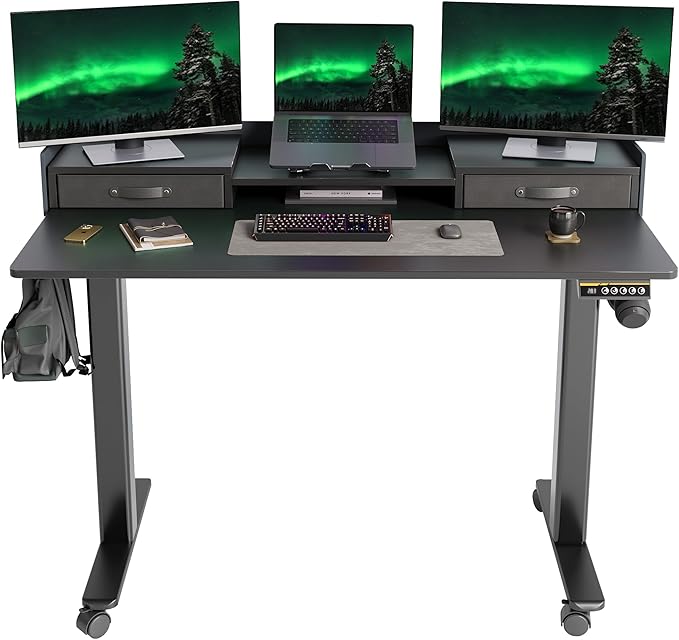 YDN Standing Desk with Drawers, 55 Inch Standing Desk Adjustable Height, Adjustable Electric Stand Up Sit Stand Small Desks with Storage and Shelf, Black