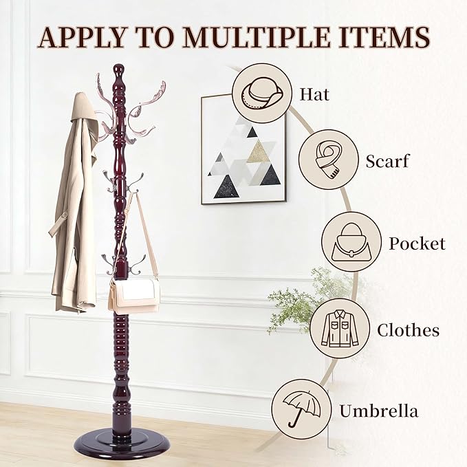 Wooden Coat Rack Freestanding, Vintage Solid Coat Hanger Stand 20 Hooks, Coat Tree Adjustable Height 73", Round Base, Coat Racks free standing for Entryway Hallway, Porch, Bedroom