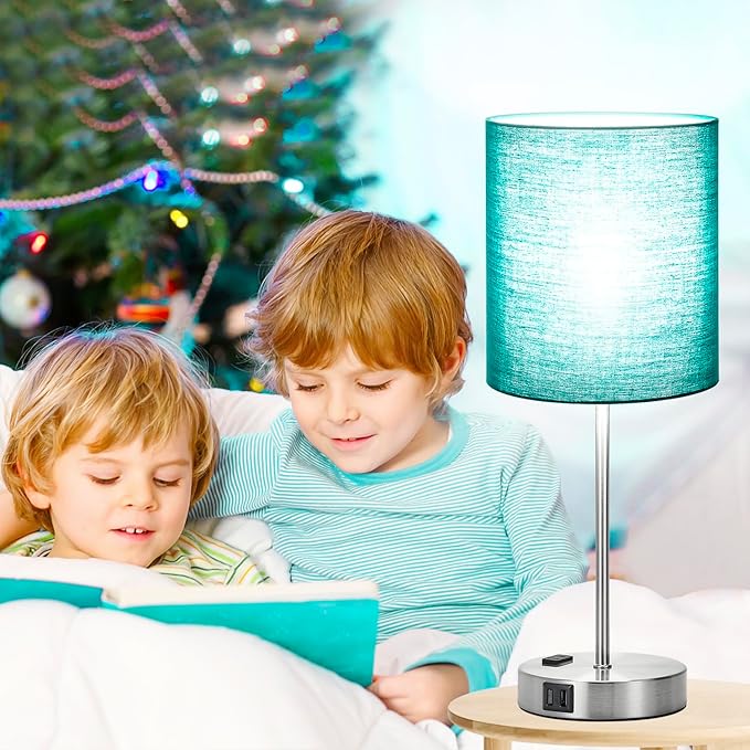𝟮𝟬𝟮𝟯 𝗡𝗘𝗪 Green Touch Table Lamps Set of 2 with 2 USB & AC Outlet, 3-Way Dimmable Bedside Nightstand Lamps for Bedroom lamps Living Room Nursery, 800 Lumens 5000K Daylight Bulbs Included