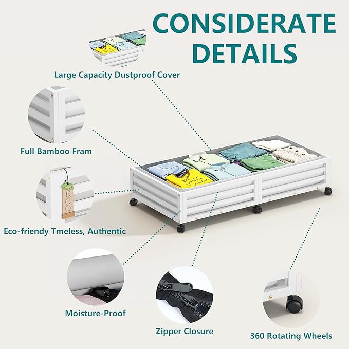 Bamboo Under Bed Storage Containers- Underbed Organizer with Wheels with Large Capacity Dust Bag,Sturdy Wood Rolling Under Bed Shoe Storage Organizer 2 Packs (White, 2 Packs (33.07"×16.54"))