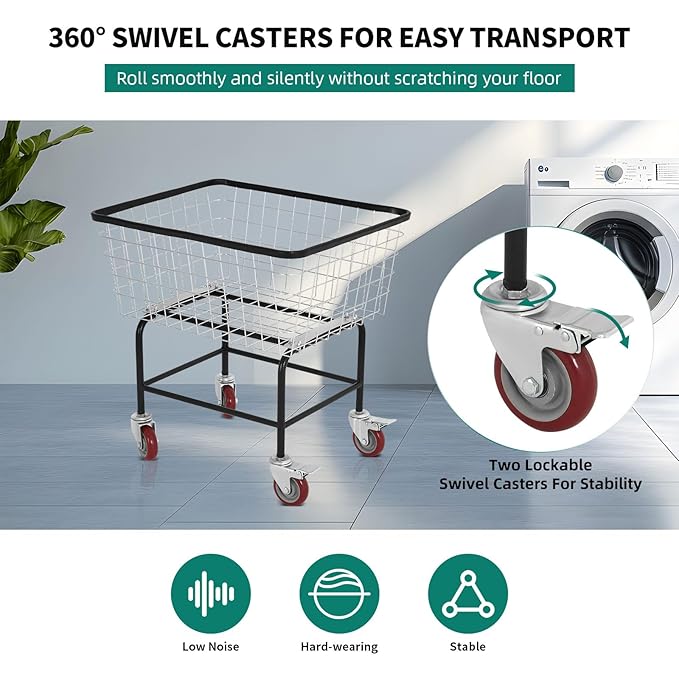 4.5-Bushel Rolling Laundry Cart with Wheels Durable Metal Wire Laundry Basket Heavy-Duty Large Steel Storage Basket with Galvanized Finish, for Commercial or Home Laundry Use