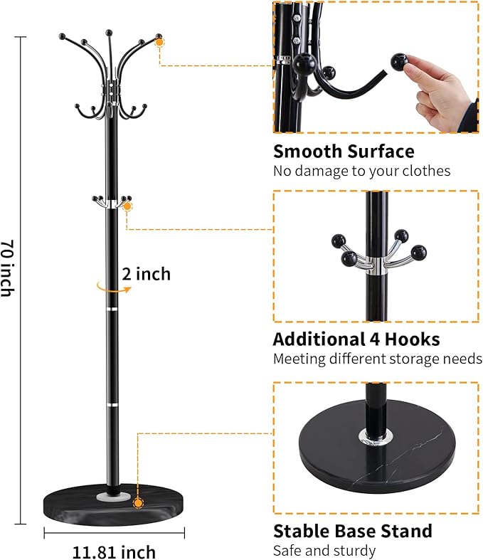 ZOZOE Metal Coat Rack Stand, Modern Coat Rack Freestanding with Natural Marble Base, 360° Rotary Design Coat Racks with 14 Hooks, Coat Tree Hanger Stand for Bags, Hats, Entryway, Office