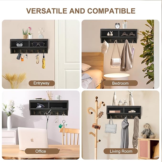 Key Holder Wall Mount - Mail Organizer Wall Mount with 6 Key Hooks and Storage Box for Sunglasses Storage and Dog Leash Holder Home Decor Rack Apartment Farmhouse Shelf Entryway Organizer (Black)