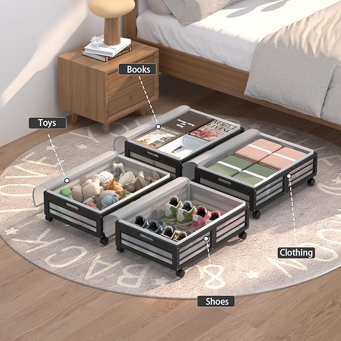 Under Bed Storage Containers with Wheels, Larger Bamboo Wood Under Furniture Storage Containers with Dust Bags，Rolling for Shoes Clothes