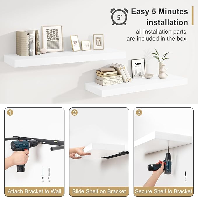 Heimlove White Bathroom Shelves Floating Shelves for Wall Shelf Over Toilet Long Wall Mounted Modern Farmhouse,48 x 12 Shelves with Invisible Brackets for Living Room, Kitchen, Bedroom