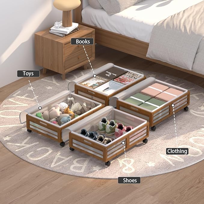 Under Bed Storage Containers with Wheels, Larger Bamboo Wood Under Furniture Storage Containers with Dust Bags，Rolling for Shoes Clothes