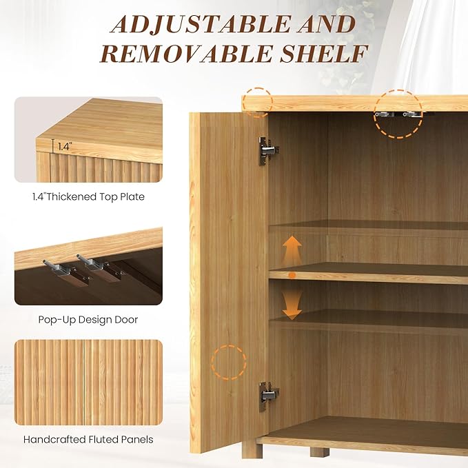 YOUDENOVA Fluted Buffet Cabinet with Storage Set of 2, Modern Sideboard Cabinets with 4 Doors & Adjustable Shelves, Accent Credenza Storage Cabinet, Wood Entryway Cabinet for Living Room, Natural
