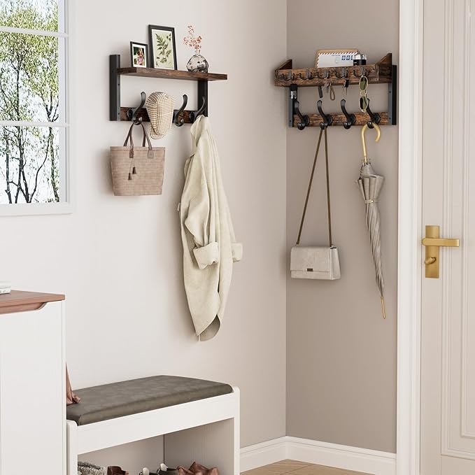 Evermagin 35" Coat Rack Wall Mount with Shelf, 4 in 1 Coat and Key Hanger with 13 Metal Hooks, Entryway Wall Mounted Shelf with Mail Holder for Living Room, Bedroom, Rustic Brown