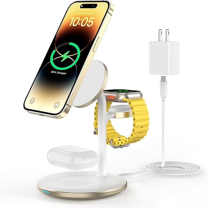 XooFly 3 in 1 Wireless Charging Station for Apple Devices, Fast Wireless Mag-Safe Charger Stand with 20W Adapter for iPhone 17/16 15 14 13 12 Pro Max/Pro/Plus/Air/Mini, iWatch, AirPods (Gold)