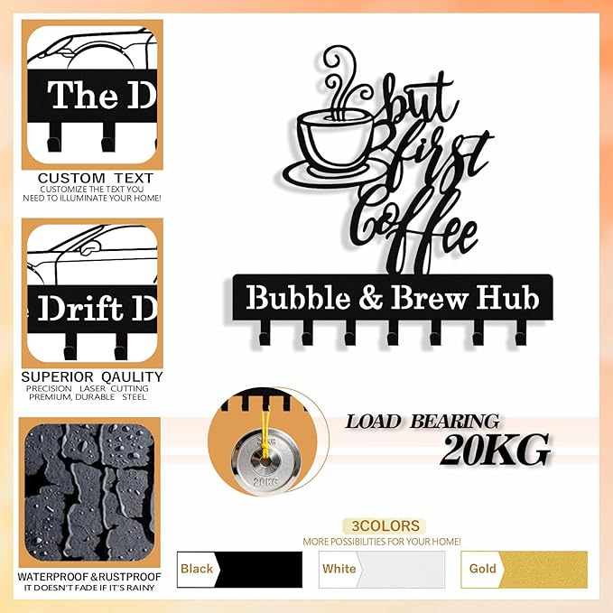 Personalized Coffee Key Holder Wall Mount, Custom Metal Key Rack Key Holder with Name, Deer Cabin Wall Keys Hanger with Hooks for Entryway, Front Door, Hallway, Kitchen, Living Room