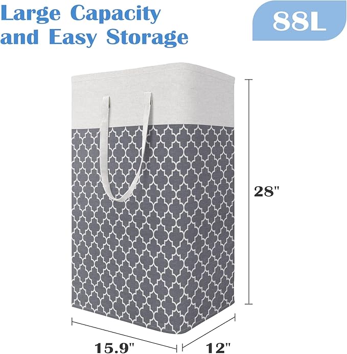 BlissTotes 3-Pack Laundry Basket, Freestanding＆Waterproof Laundry Hamper, Collapsible Tall Clothes Hamper with Easy Carry Handles for Clothes, Towels in the Family and Dorm,Clover Grey,88L