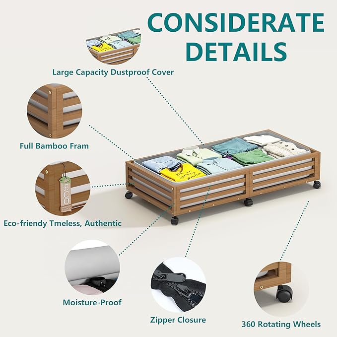 Bamboo Under Bed Storage Containers- Underbed Organizer with Wheels with Large Capacity Dust Bag,Sturdy Wood Rolling Under Bed Shoe Storage Organizer 2 Packs (Walnut, 2 Packs (33.07"×16.54"))