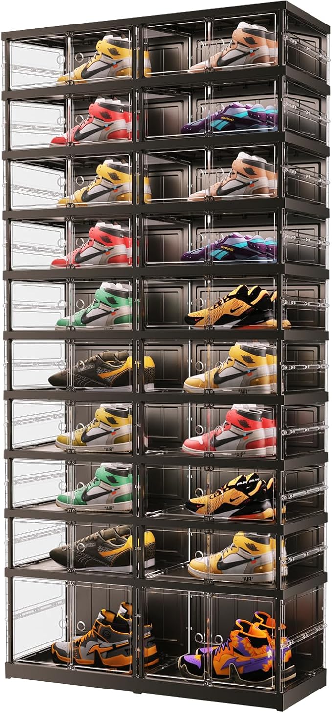 10 Tiers 20-40 Pairs Foldable Shoe Boxes Large Plastic Shoe Storage Rack Collapsible Shoe Organizer for Closet Clear Stackable Shoes Shelf Storage Cabinet with Doors Quick Assembly Black