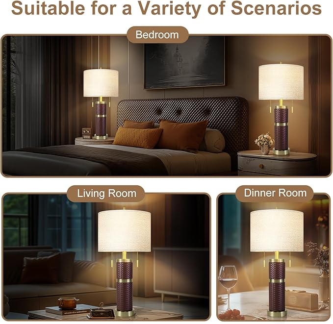 Woven Leather Table Lamps Set of 2, Lamps for Night Stands, 25" Bedside Lamps with USB A+C Ports, Linen Shade, Modern Table Lamps for Bedroom Living Room Office Reading(Bulb Included)