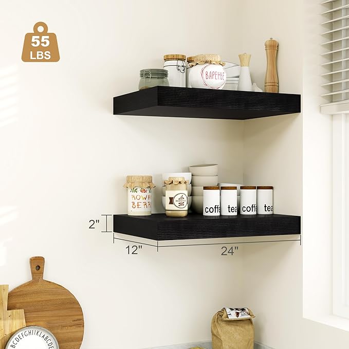 Heimlove Black Bathroom 12'' Deep Floating Shelves for Wall - Shelf Over Toilet Wall Mounted Farmhouse 24 inches,Rustic Wood Shelves Decor & Storage,Set of 1