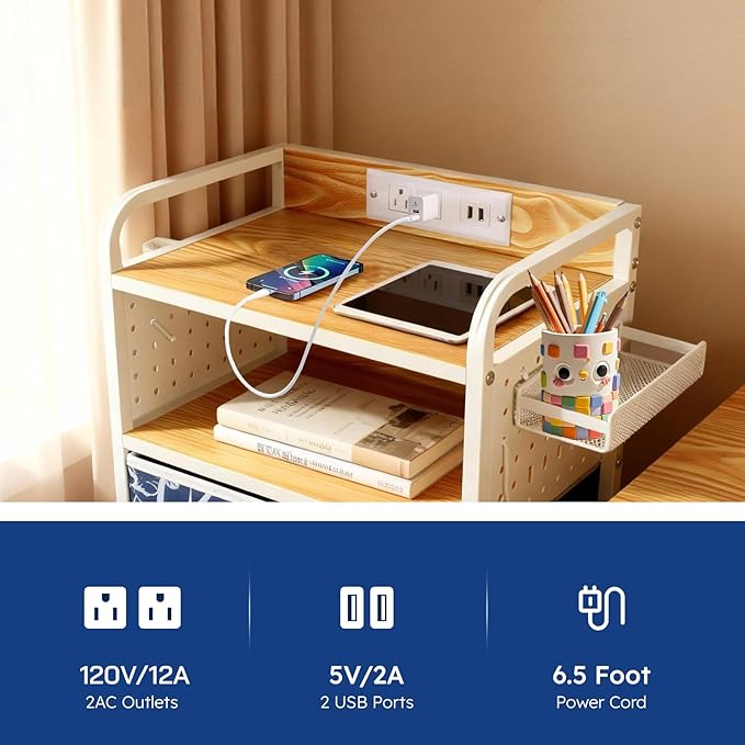 YCY Nightstand with Charging Station, Sturdy Metal Frame Bedside Table, 3 Wax-Dyed Fabric Drawers, Open Storage Shelf, Built-in USB Ports and Dual Outlets for Bedrooms,Living Room