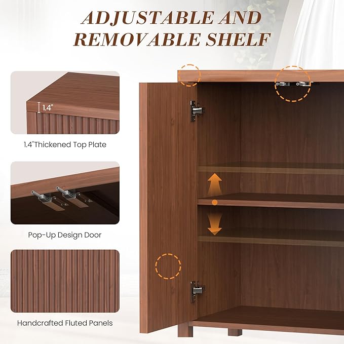 YOUDENOVA Fluted Buffet Cabinet with Storage Set of 2, Modern Sideboard Cabinets with 4 Doors & Adjustable Shelves, Accent Credenza Storage Cabinet, Wood Entryway Cabinet for Living Room, Brown
