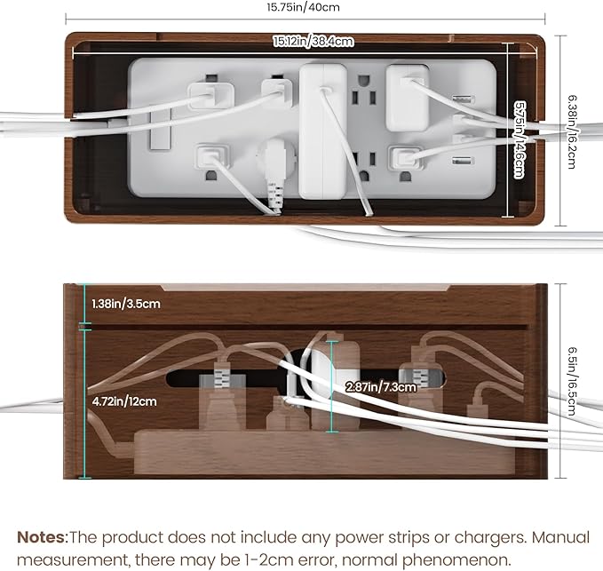 Extra Large Cable Management Box – Brown Double Layer Wooden Cord Organizer with Divider for Desk, TV Stand, Kitchen, and Office （NO Power Strips or Chargers）
