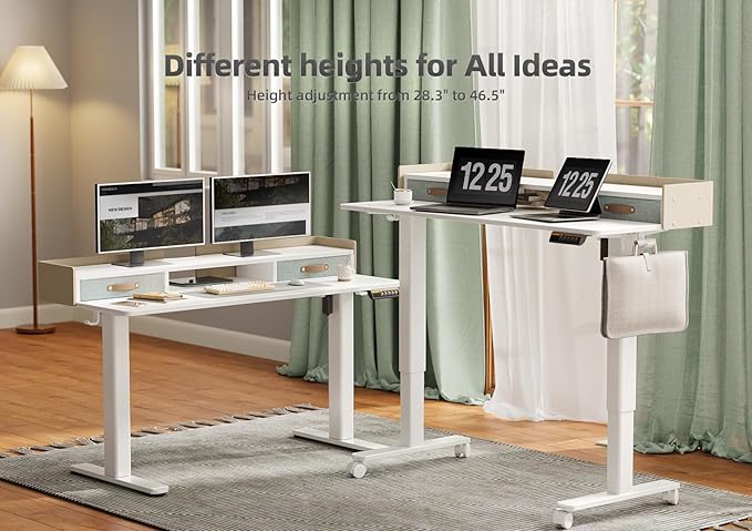 YDN Standing Desk with Drawers, 55 Inch Standing Desk Adjustable Height, Adjustable Electric Stand Up Sit Stand Small Desks with Storage and Shelf, White