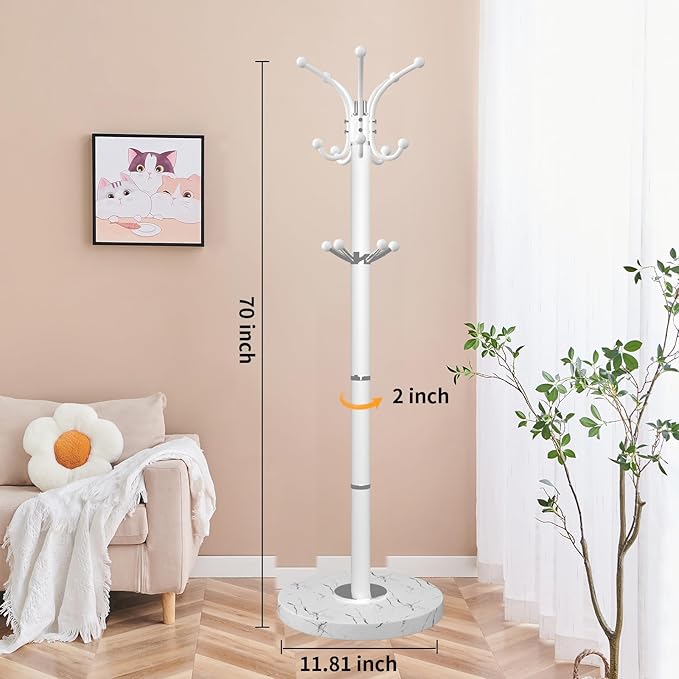 ZOZOE Metal Coat Rack Stand, Modern Coat Rack Freestanding with Natural Marble Base, 360° Rotary Design Coat Racks with 14 Hooks,White Coat Tree Hanger Stand for Bags,Hats,Entryway,Office