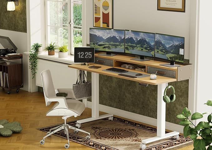 YDN Standing Desk with Drawers, 59 Inch Standing Desk Adjustable Height, Adjustable Electric Stand Up with Storage and Shelf, Natural