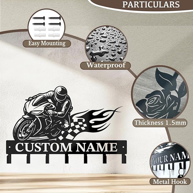 Custom Motorcycle Garage Metal Wall Hooks,Key Holder-Personalized Iron Wall Decor for Keys, Coats & Home(Black, Handmade,Decorative,Entryway, Bedroom,Man Cave) (Style E)