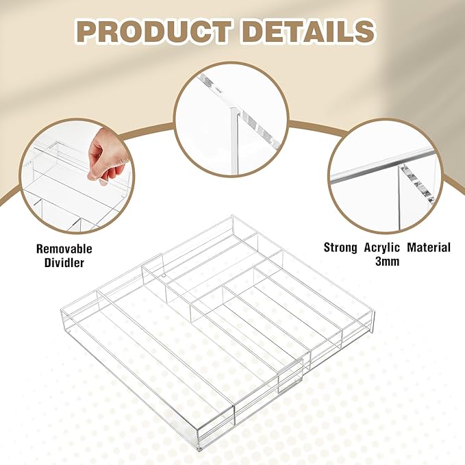 1 Pcs Acrylic Drawer Organizer 9'' up to 18'' x 15'' x 2'' Expandable Drawer Organizer Pens Notebook Ruler Makeup Tray with 7 Adjustable Compartments for Desk Office Kitchen Bathroom(Clear)