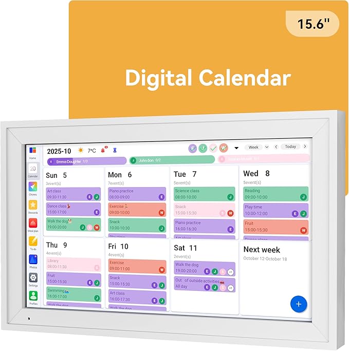 Yofidra Digital Calendar, 15.6" Smart Electronic Calendar with Chore Photo Meal Reward To-do Chart, Wall & Desk Planner for Family Schedule, Wifi Interactive Touchscreen Display with Stand, White