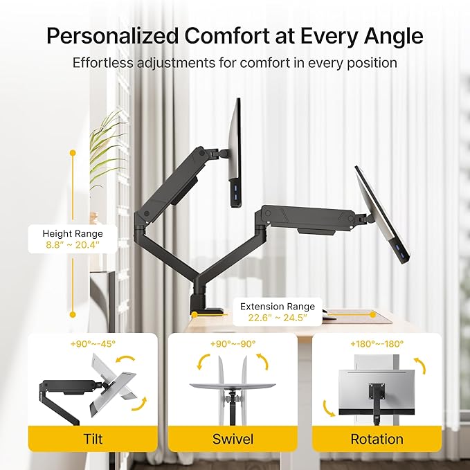 monTEK Dual Monitor Mount Monitor Arms for 2 Monitors for 17 to 35 Inch Curved Screen Holds 35 Lbs Adjustable Heavy Duty Monitor Desk Mount Cable Management, VESA 75/100mm,MA1007BK-D