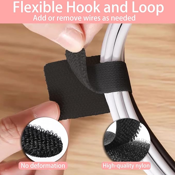 Adhesive Cable Clips – 50 Pack Hook and Loop Cable Ties,Self-Adhesive Cable Management Clips for Under Desk Organization,Sticky-Back Wire Straps for TV, PC, Laptop & Ethernet (Black)