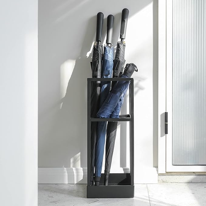 MyGift Umbrella Stand,Umbrella Holder for Entryway,20 Inch Tall Modern Metal Geometric Freestanding Umbrella Rack or Cane Holder with Shelf for Small Umbrellas and Bottom Drip Tray (Black)