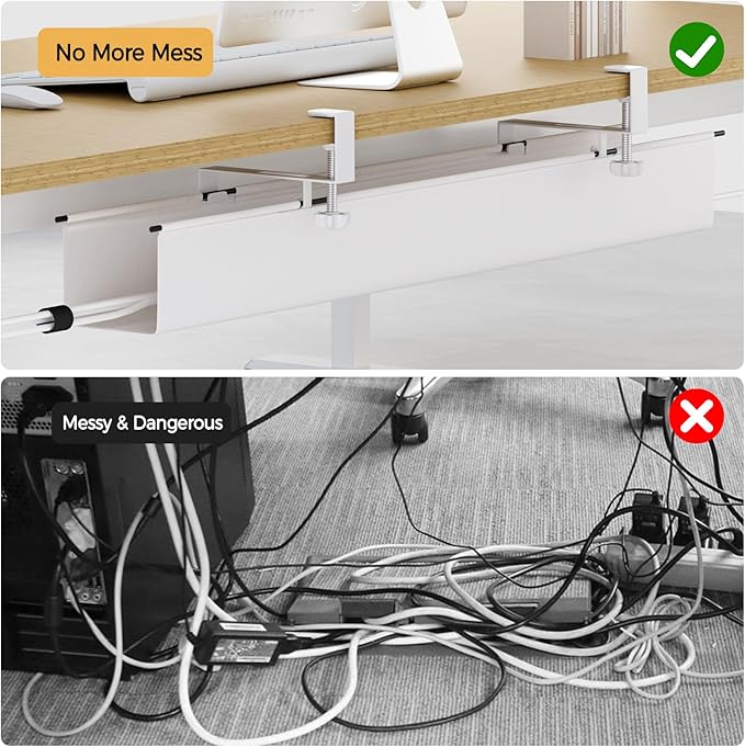 Under Desk Cable Management Tray 39.7" - No Drill Computer Wire Organizer Cable Tray, Cord Hider Clamp Mount with 16X Cable Ties PC Cables Management Cord Holder for Office/Home (Upgrade Fabric,White)