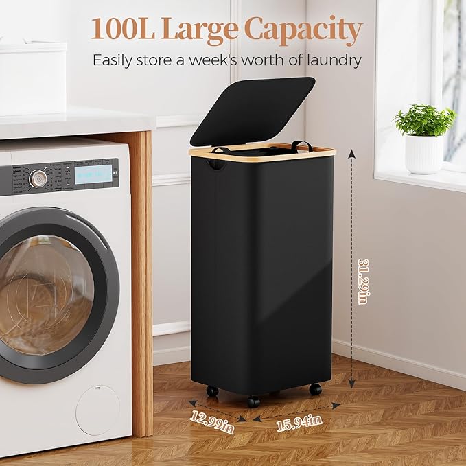 Yecaye 100L Large Capacity Laundry Hamper – Foldable Rolling Laundry Basket, Mobile Clothes Hamper with Wheels, Removable Inner Bag, Bamboo Handle Lid Laundry Bin – Multi-Use Storage, Black